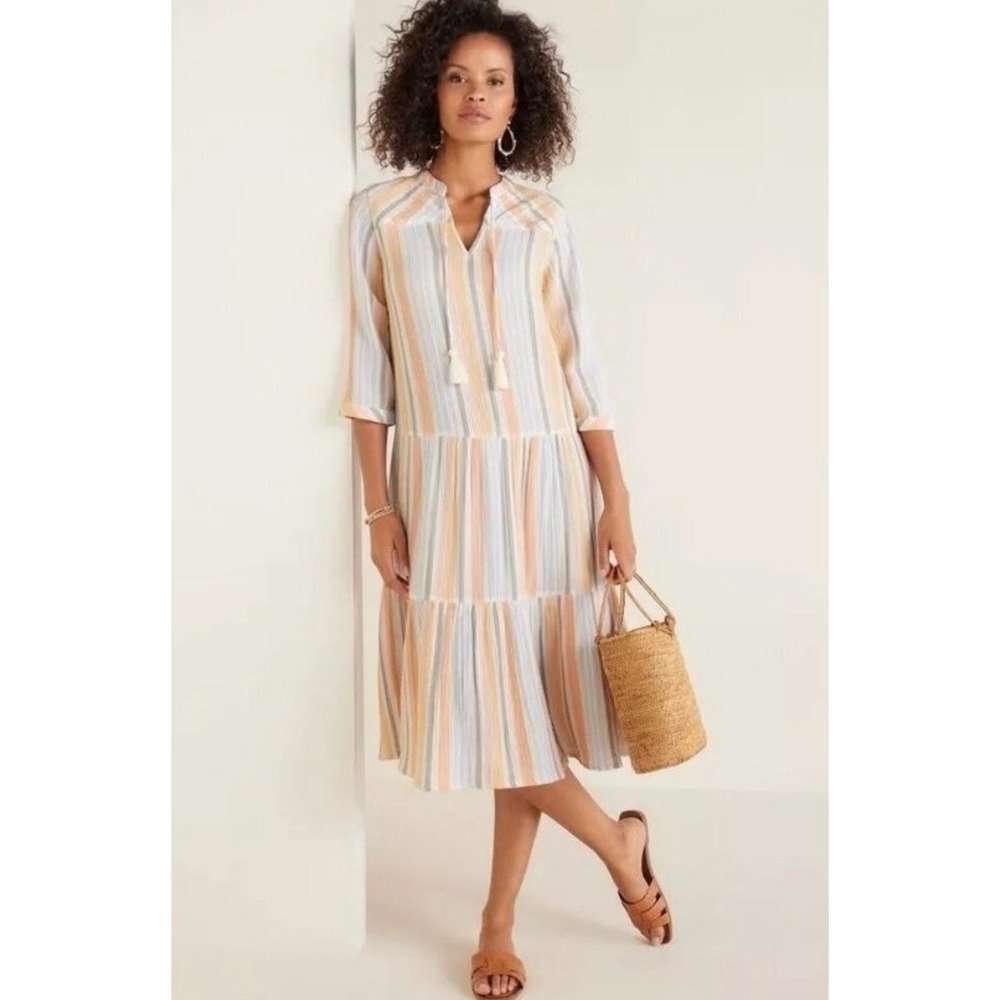 Soft Surroundings NWT Laguna Gauze Dress 2X Peach Striped Tiered Midi Boho